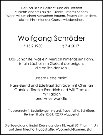 Traueranzeige von Wolfgang Schröder von trauer.wuppertaler-rundschau.de