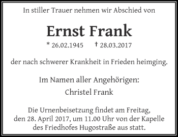 Traueranzeige von Ernst Frank von trauer.wuppertaler-rundschau.de