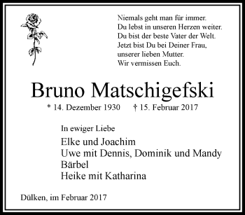 Traueranzeige von Bruno Matschigefski von trauer.extra-tipp-moenchengladbach.de