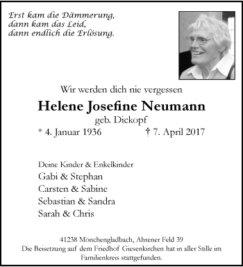 Traueranzeige von Helene Josefine Neumann von trauer.extra-tipp-moenchengladbach.de