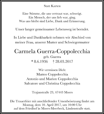 Traueranzeige von Carmela Guerra-Coppolecchia von trauer.stadt-panorame.de