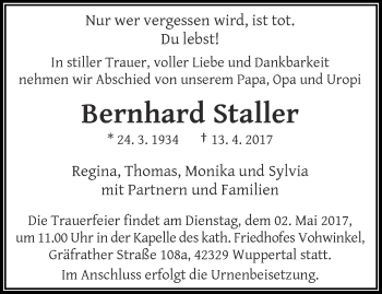 Traueranzeige von Bernhard Staller von trauer.wuppertaler-rundschau.de