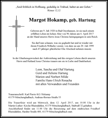 Traueranzeige von Margot Hokamp von trauer.extra-tipp-moenchengladbach.de