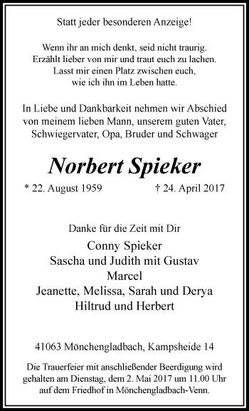 Traueranzeige von Norbert Spieker von trauer.extra-tipp-moenchengladbach.de