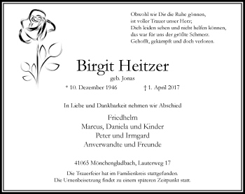 Traueranzeige von Birgit Heitzer von trauer.extra-tipp-moenchengladbach.de