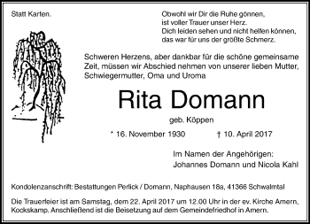 Traueranzeige von Rita Domann von trauer.extra-tipp-moenchengladbach.de