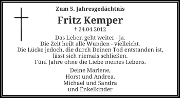Traueranzeige von Fritz Kemper von trauer.wuppertaler-rundschau.de