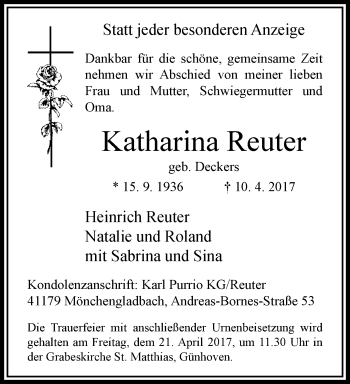 Traueranzeige von Katharina Reuter von trauer.extra-tipp-moenchengladbach.de