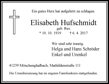 Traueranzeige von Elisabeth Hufschmidt von trauer.extra-tipp-moenchengladbach.de