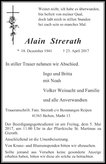 Traueranzeige von Alain Strerath von trauer.stadt-kurier.de