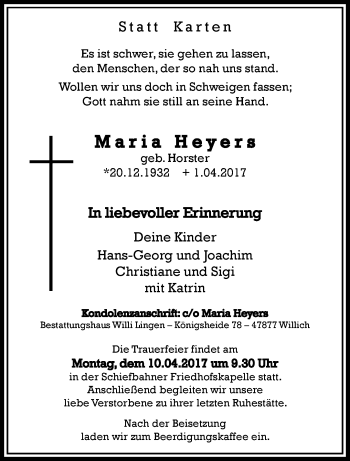 Traueranzeige von Maria Heyers von trauer.extra-tipp-moenchengladbach.de