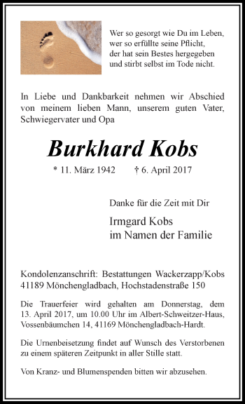 Traueranzeige von Burkhard Kobs von trauer.extra-tipp-moenchengladbach.de