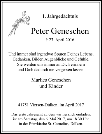 Traueranzeige von Peter Geneschen von trauer.extra-tipp-moenchengladbach.de