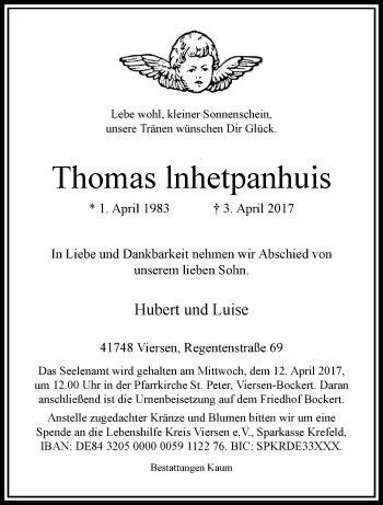 Traueranzeige von Thomas lnhetpanhuis von trauer.extra-tipp-moenchengladbach.de