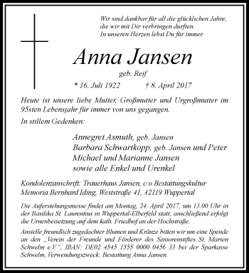 Traueranzeige von Anna Jansen von trauer.wuppertaler-rundschau.de