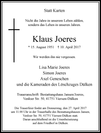 Traueranzeige von Klaus Joeres von trauer.extra-tipp-moenchengladbach.de