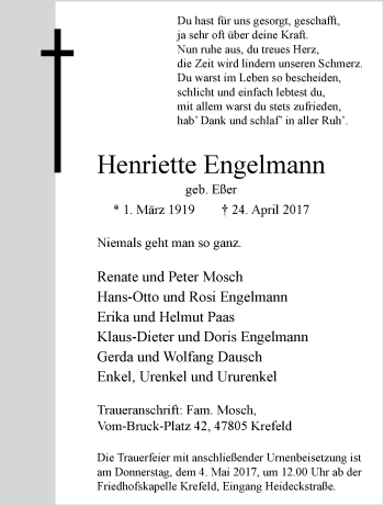 Traueranzeige von Henriette Engelmann von trauer.extra-tipp-moenchengladbach.de