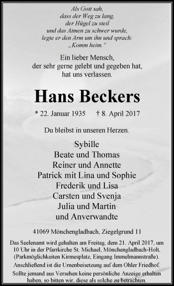 Traueranzeige von Hans Beckers von trauer.extra-tipp-moenchengladbach.de