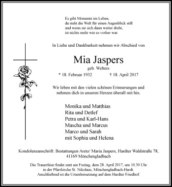 Traueranzeige von Mia Jaspers von trauer.extra-tipp-moenchengladbach.de