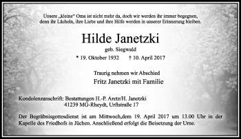 Traueranzeige von Hilde Janetzki von trauer.extra-tipp-moenchengladbach.de