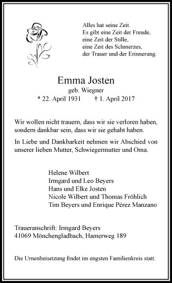 Traueranzeige von Emma Josten von trauer.extra-tipp-moenchengladbach.de