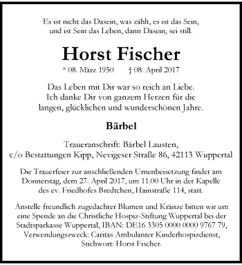 Traueranzeige von Horst Fischer von trauer.wuppertaler-rundschau.de