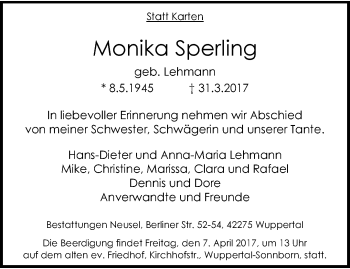 Traueranzeige von Monika Sperling von trauer.wuppertaler-rundschau.de