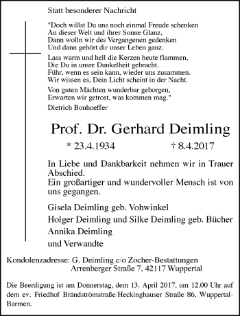 Traueranzeige von Gerhard Deimling von trauer.wuppertaler-rundschau.de