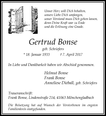 Traueranzeige von Gertrud Bonse von trauer.extra-tipp-moenchengladbach.de