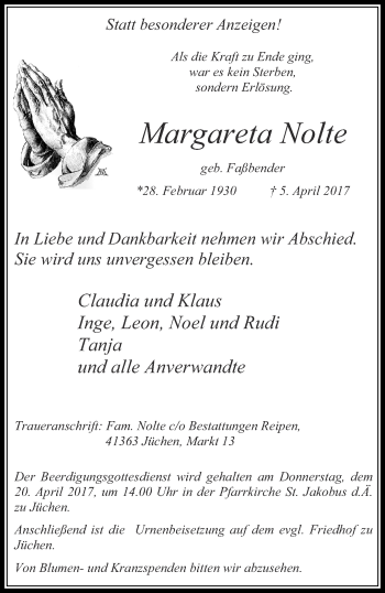 Traueranzeige von Margareta Nolte von trauer.stadt-kurier.de