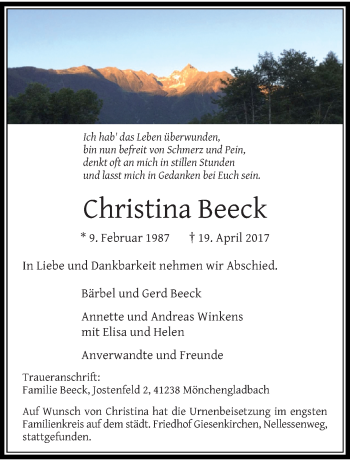 Traueranzeige von Christina Beeck von trauer.extra-tipp-moenchengladbach.de