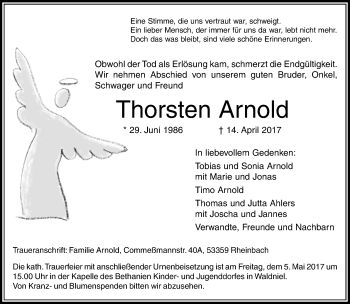 Traueranzeige von Thorsten Arnold von trauer.extra-tipp-moenchengladbach.de