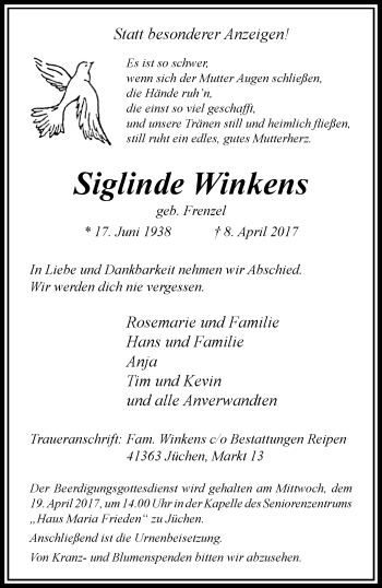 Traueranzeige von Siglinde Winkens von trauer.stadt-kurier.de