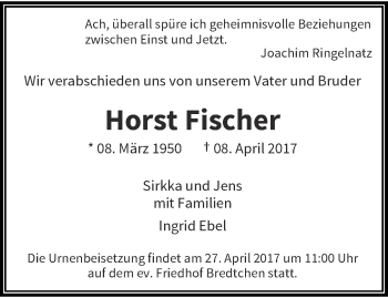 Traueranzeige von Horst Fischer von trauer.wuppertaler-rundschau.de