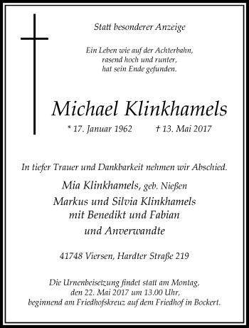 Traueranzeige von Michael Klinkhamels von trauer.extra-tipp-moenchengladbach.de