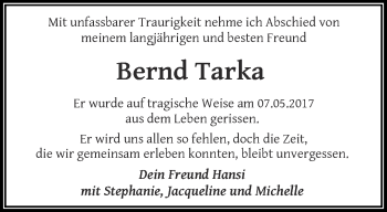 Traueranzeige von Bernd Tarka von trauer.wuppertaler-rundschau.de