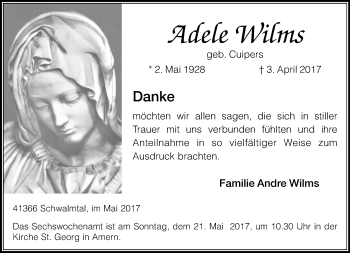 Traueranzeige von Adele Wilms von trauer.extra-tipp-moenchengladbach.de