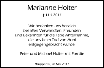 Traueranzeige von Marianne Holter von trauer.wuppertaler-rundschau.de