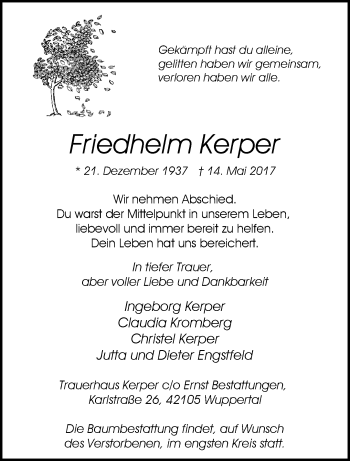 Traueranzeige von Friedhelm Kerper von trauer.wuppertaler-rundschau.de