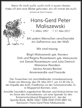 Traueranzeige von Hans-Gerd Peter Maliszewski von trauer.wuppertaler-rundschau.de
