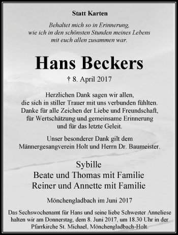 Traueranzeige von Hans Beckers von trauer.extra-tipp-moenchengladbach.de