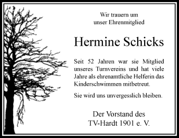 Traueranzeige von Hermine Schicks von trauer.extra-tipp-moenchengladbach.de