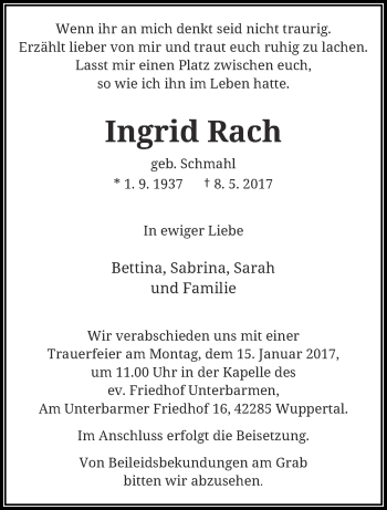 Traueranzeige von Ingrid Rach von trauer.wuppertaler-rundschau.de