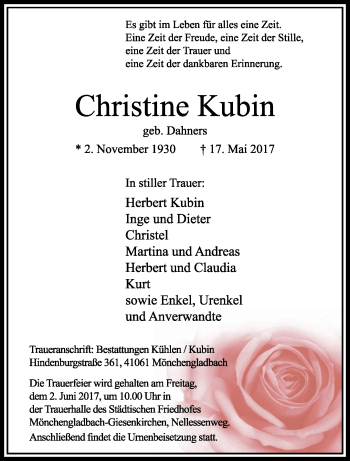 Traueranzeige von Christine Kubin von trauer.extra-tipp-moenchengladbach.de