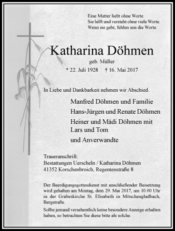 Traueranzeige von Katharina Döhmen von trauer.extra-tipp-moenchengladbach.de