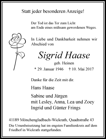 Traueranzeige von Sigrid Haase von trauer.extra-tipp-moenchengladbach.de