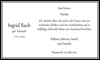 Traueranzeige von Ingrid Rach von trauer.wuppertaler-rundschau.de