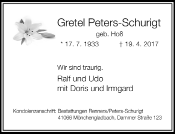 Traueranzeige von Gretel Peters-Schurigt von trauer.extra-tipp-moenchengladbach.de