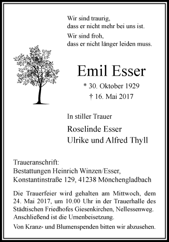 Traueranzeige von Emil Esser von trauer.extra-tipp-moenchengladbach.de