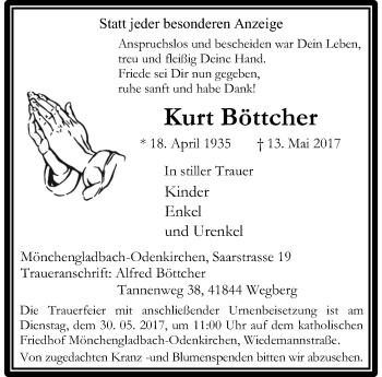 Traueranzeige von Kurt Böttcher von trauer.extra-tipp-moenchengladbach.de